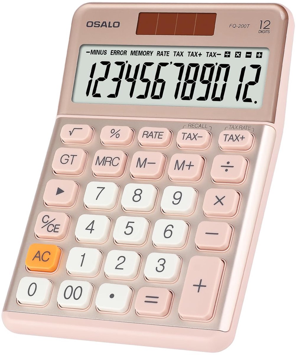 SnelShoppen - Kantoorrekenmachine, desktop, klein formaat met belastingfunctie, 12-cijferig groot LCD-scherm, zonne-accu, esthetisch roze, grote knop