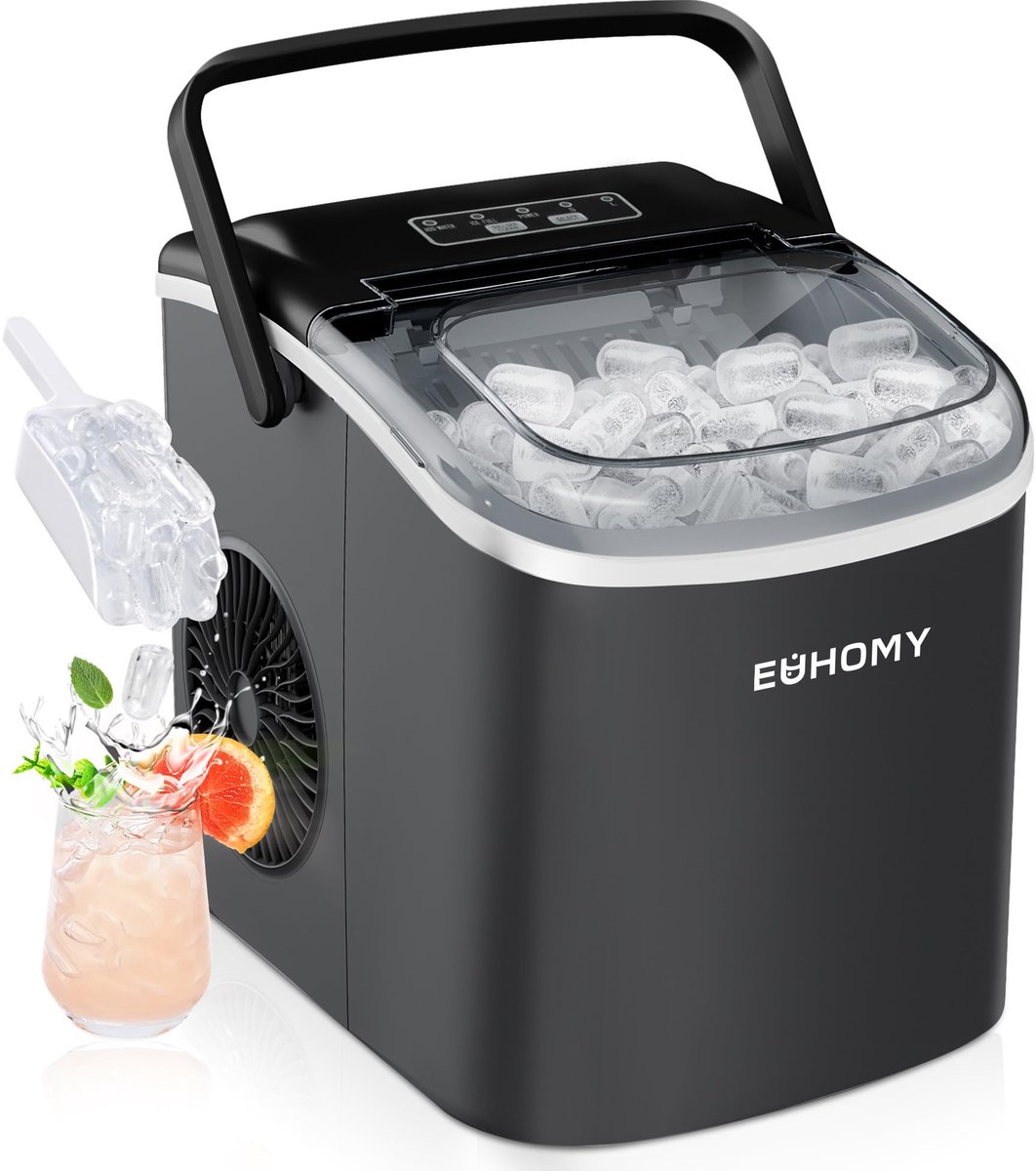 SnelShoppen - IJsblokjesmachine 12 kg/24 uur, 9 ijsblokjes in 6 minuten, zelfreinigend, met handvat, schep en mand, zwart, stil op 45 dB, ideaal voor
