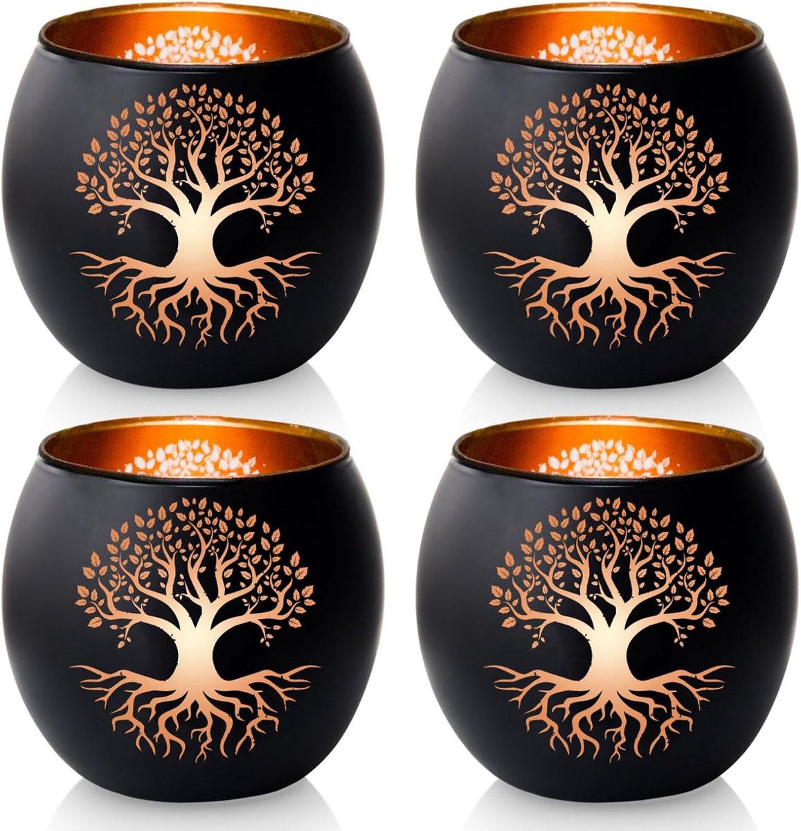 SnelShoppen - Set van 4 Kaarsenhouders Glas - Theelichthouders Levensboom in Zwart en Goud - Spirituele Windlichten voor Tafeldecoratie Woonkamer - Pe
