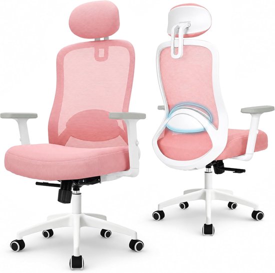Roze bureaustoel in voor- en achteraanzicht, met ergonomische lendensteun.