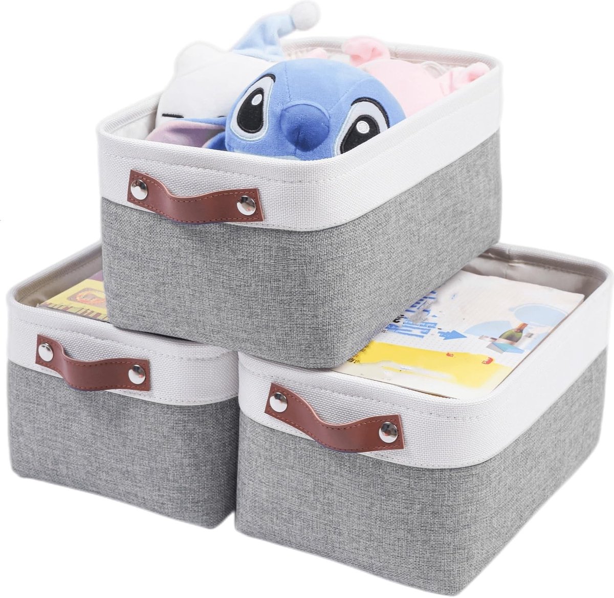 Stijlvolle Opbergmanden Set van 3, Textiele Opbergdozen met Leren Handvatten voor Speelgoed, Kleding en Organisatie in Kasten en Planken (M, Grijs/Wit)