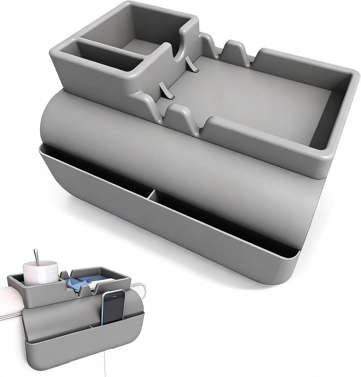 Handige Organizer voor de Armleuning van de Bank met Bekerhouder, Telefoonhouder en Zijvakjes, Anti-Spill en Antislip Design (Grijs)