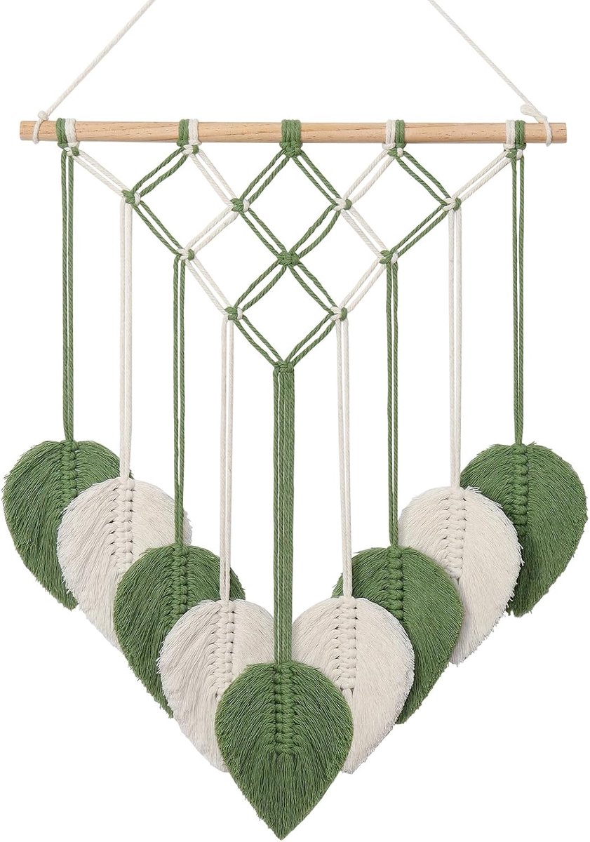 Macrame Muur Opknoping Groen Blad Handgemaakt Geweven Kwastje Tapestry Boho Chique Muur Decor Boheemse Veer Wandkunst voor Slaapkamer Woonkamer Kantoor Appartement Achtergrond Ornament (Groen)