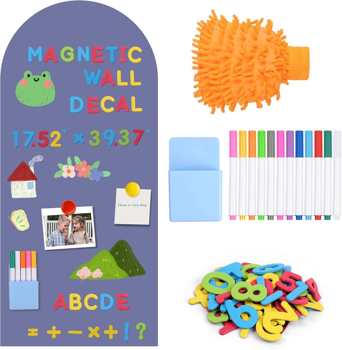 Arch Magnetische Muursticker 100 x 44,5 cm, zelfklevend magnetisch bord met krijtmarkers, magnetische pennenhouder, magnetische letters en cijfers, reinigingsdoek, voor speelkamer, thuiskantoor