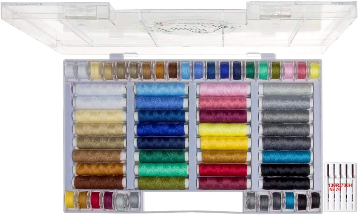 64-delig; naaiset: 32 spoelen en 32 spoelen naaigaren voor naaimachines, verschillende kleuren, 100% polyester + 5 universele naalden voor naaimachines