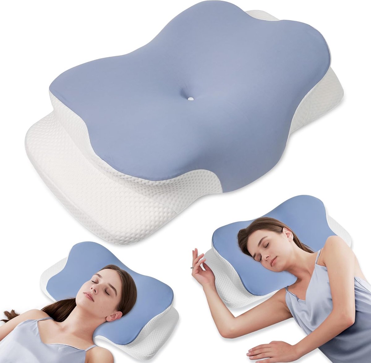 orthopedische nekkussen, gemaakt van traagschuim, ergonomisch ontworpen voor verschillende slaaphoudingen en heeft een afneembare en wasbare kussensloop (blauw)
