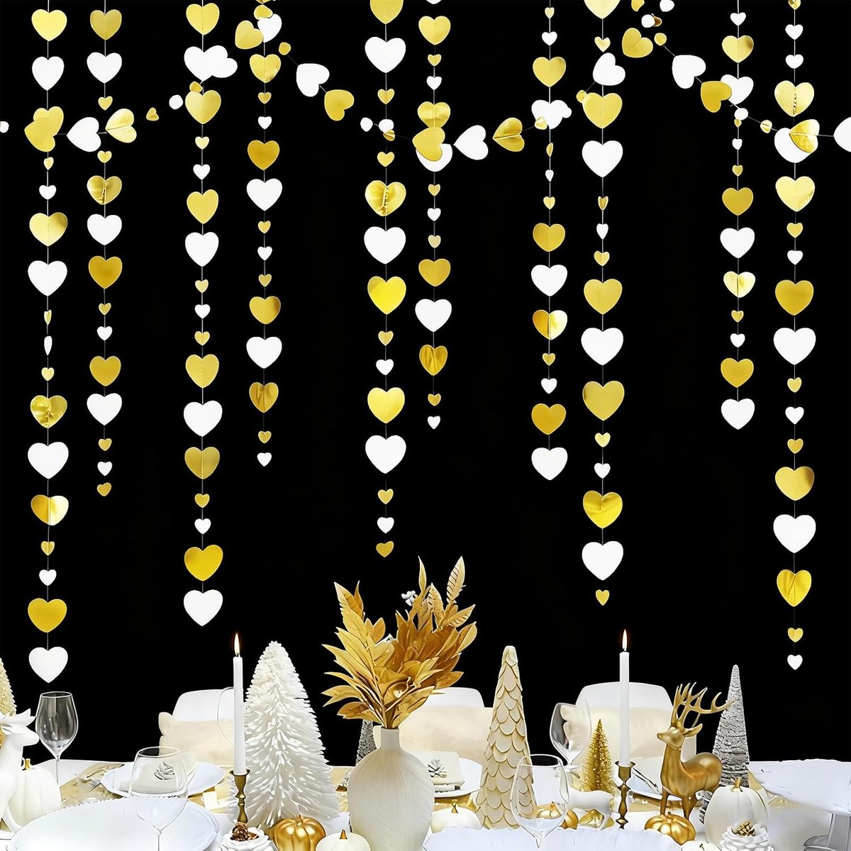4 stuks Witte en gouden papieren hartjes slinger, 16 meter Hangende decoratie voor bruiloften, Valentijnsdag, verjaardagen, jubilea