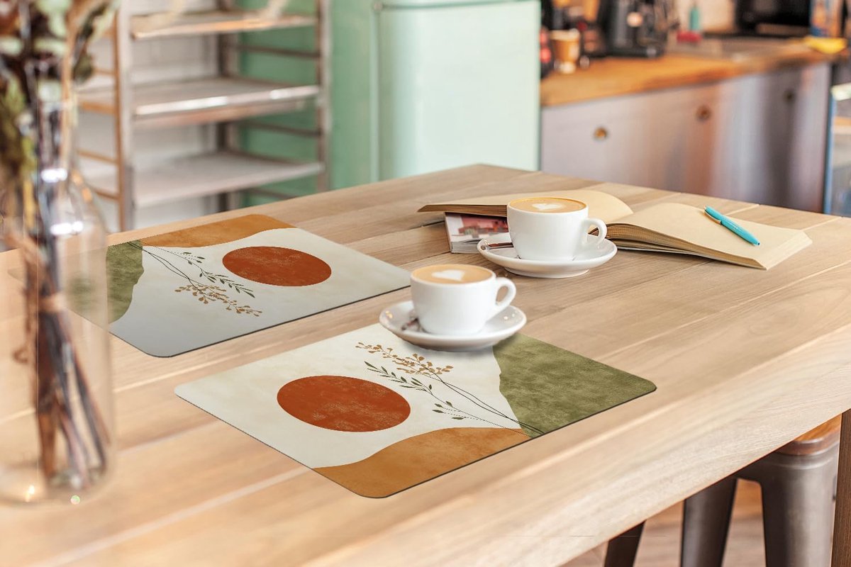 Placemats 6 stuks 45x30 cm Keuken Decoratie Placemats Afwasbaar Anti Slip Tafelmat Vinyl Onderlegger Eettafel - Zon - Abstract - Takken - Oranje