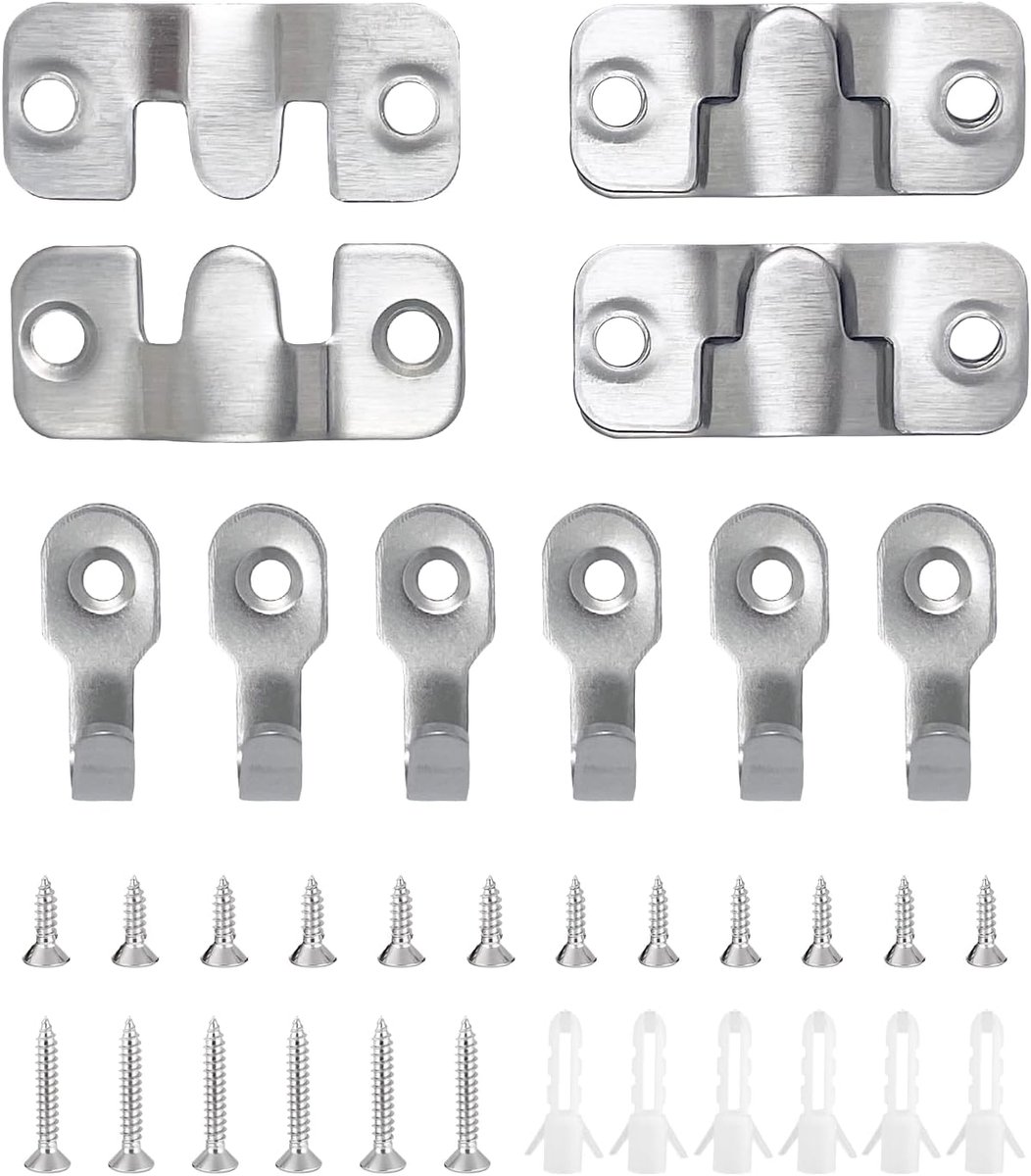 Ophangsets voor Schilderijen, 3 Paar (6 Stuks) Fotolijst Grijpende Connector, 6 Stuks Mini Foto Haken, Schilderijhanger voor Thuiskantoor, met Schroeven en Expansiebuis(Zilverkleurig)