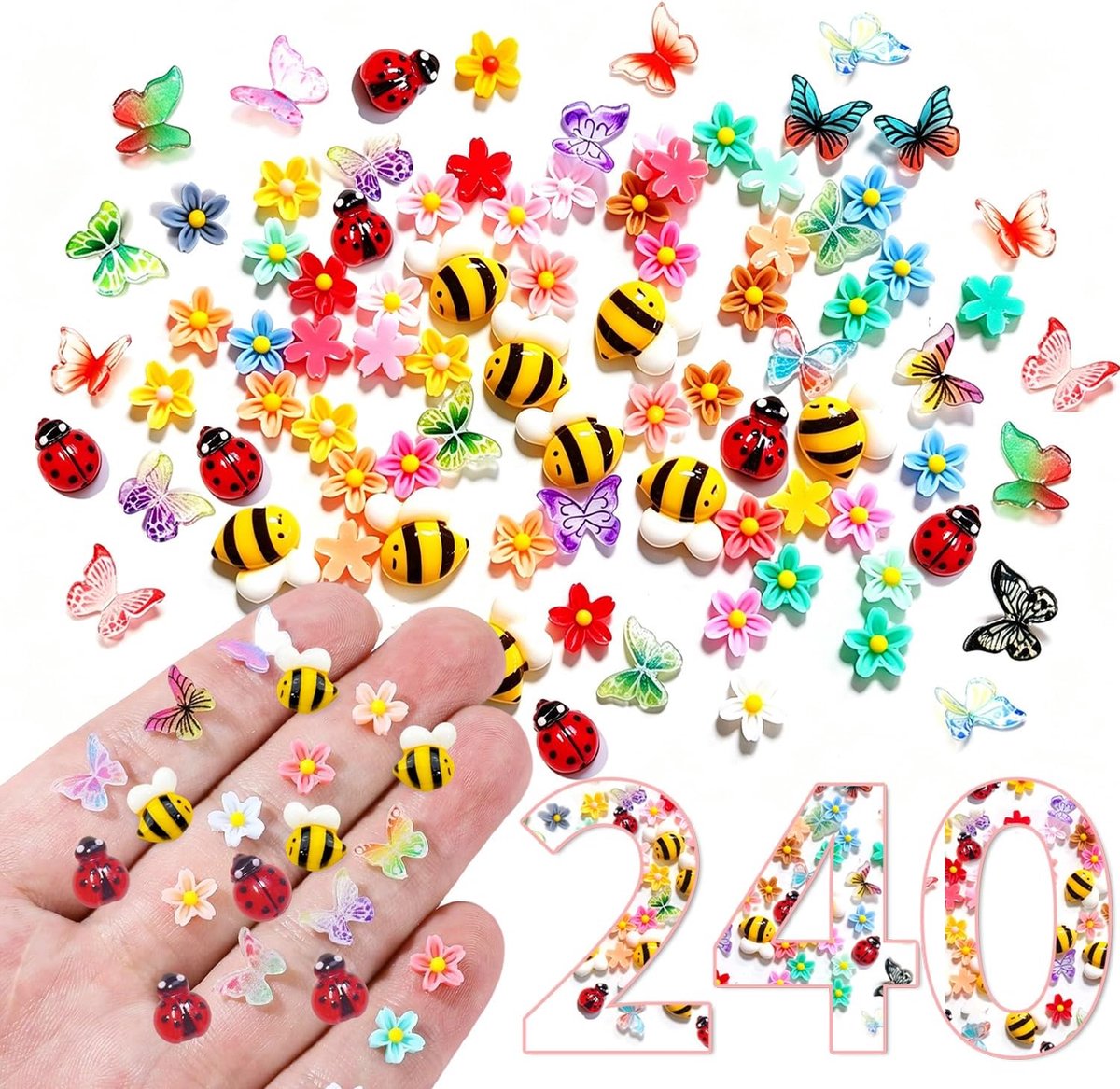 240 stuks met miniatuurbloemen, vlinders, lieveheersbeestjes en bijen, kleurrijke vlinderdecoratie en kleurrijke bloemen, ideaal voor miniatuurtuin, miniatuuraccessoires en creatieve doe-het-zelf