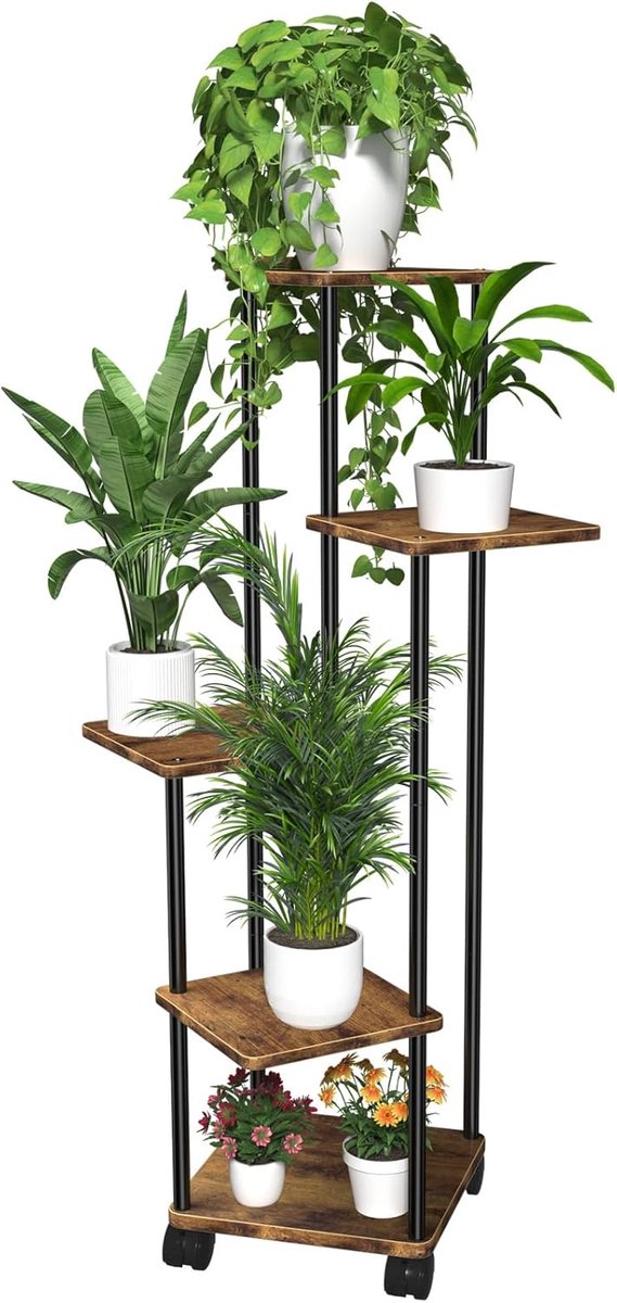 5-Laags Plantenstandaard met afneembare wieltjes | Verrijdbare hoekplantentafel voor binnen, geschikt voor woonkamer, slaapkamer en balkon