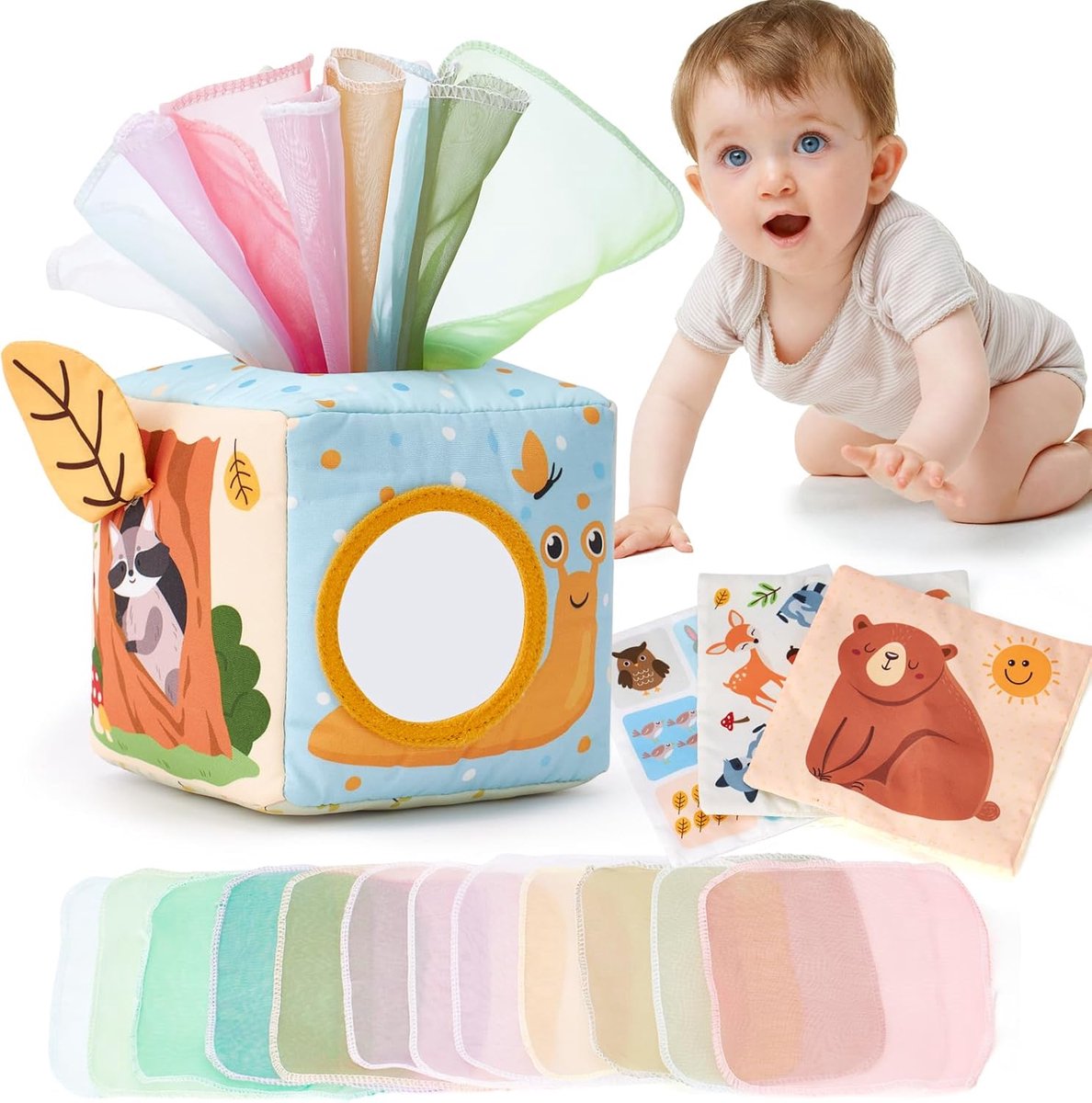 hahaland Baby Tissue Box Toy - Baby speelgoed 6-12 maanden Montessori speelgoed voor 6 maanden oude musthaves - baby's jongen meisje geschenken 6 7 8 9 10 12 maanden oud sensorisch trekken spelen