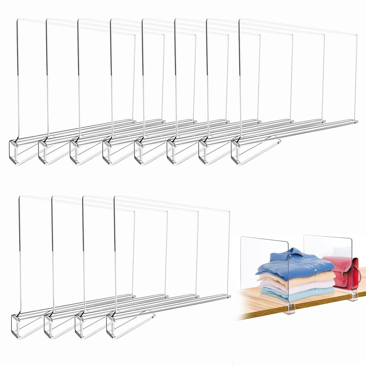 Set van 16 transparante plankverdelers van acryl, multifunctionele plankverdelers, verstelbare kledingorganizers, voor kastorganizers, opbergruimte en organisatie