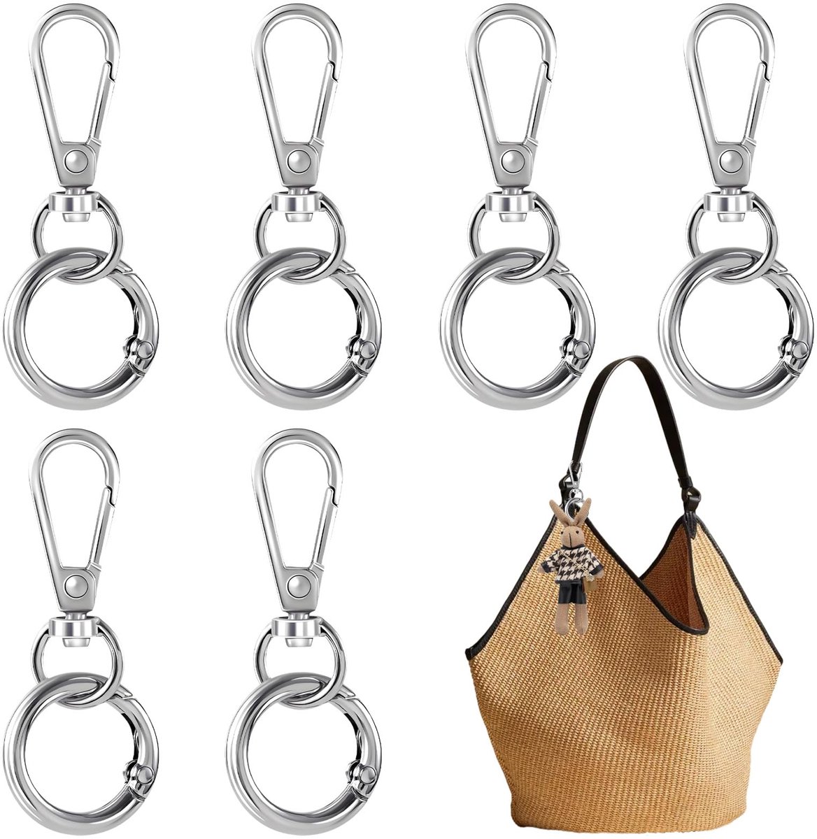Set van 6 zilverkleurige sleutelhangers – robuust & design, karabijnhaak voor sleutels, tassen en auto – multifunctionele sleutelringen