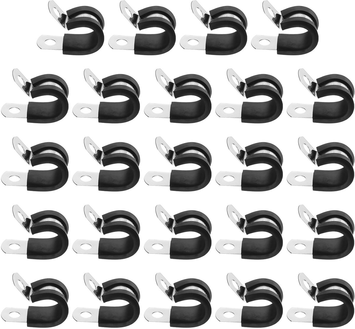 Kabelklemmen, 24 stuks, 12 mm (15/32 inch), 304 roestvrij staal, met rubber beklede, gevoerde geïsoleerde kabelklemmen, R-buisklem voor leidingen, buizen, slang, kabelinstallatie, zwart