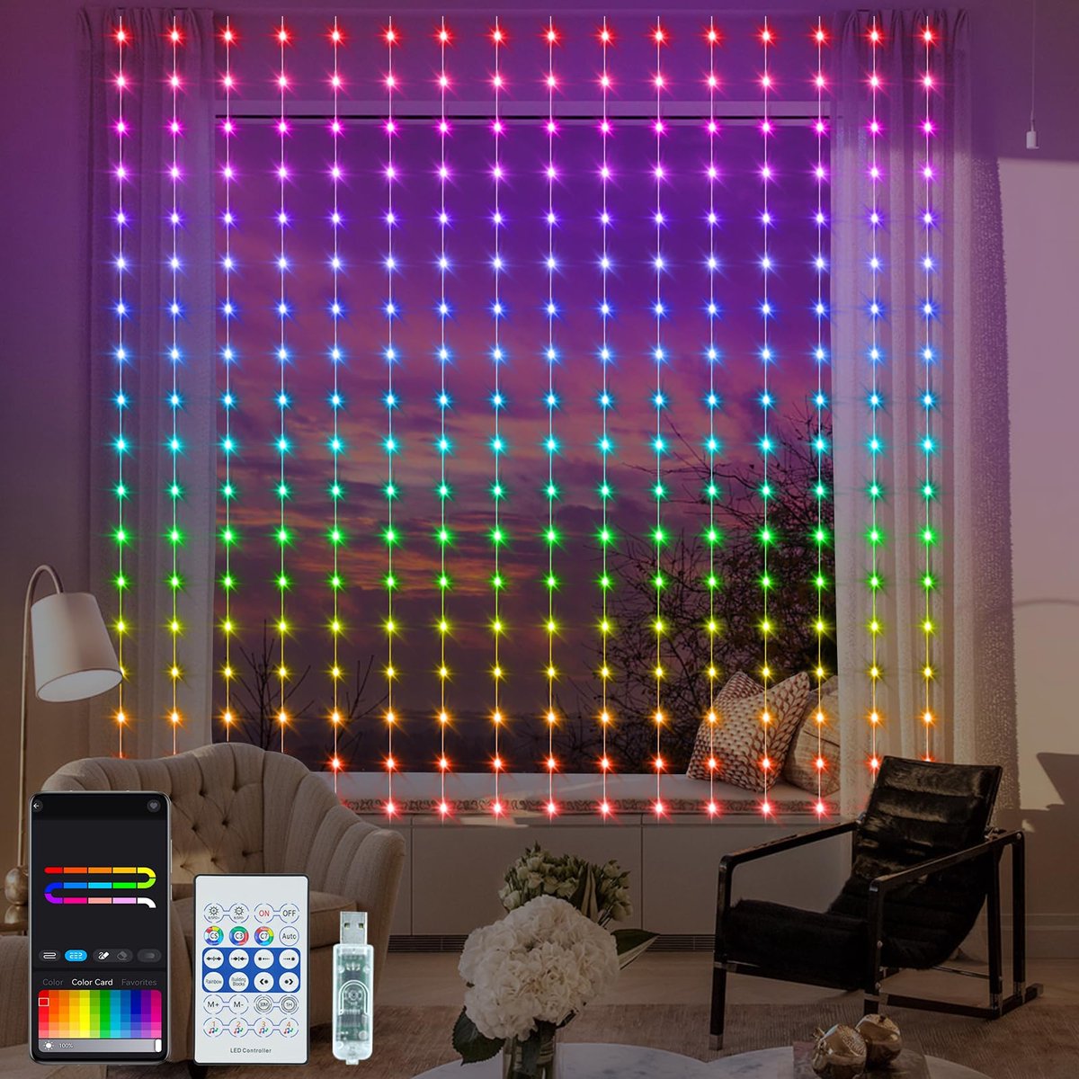 5050 RGB intelligent lichtgordijn met geïntegreerde chip, 2,4 m x 1,8 m, lichtketting met afstandsbediening en app-bediening, 144 leds, USB-lichtketting voor feest, bruiloft