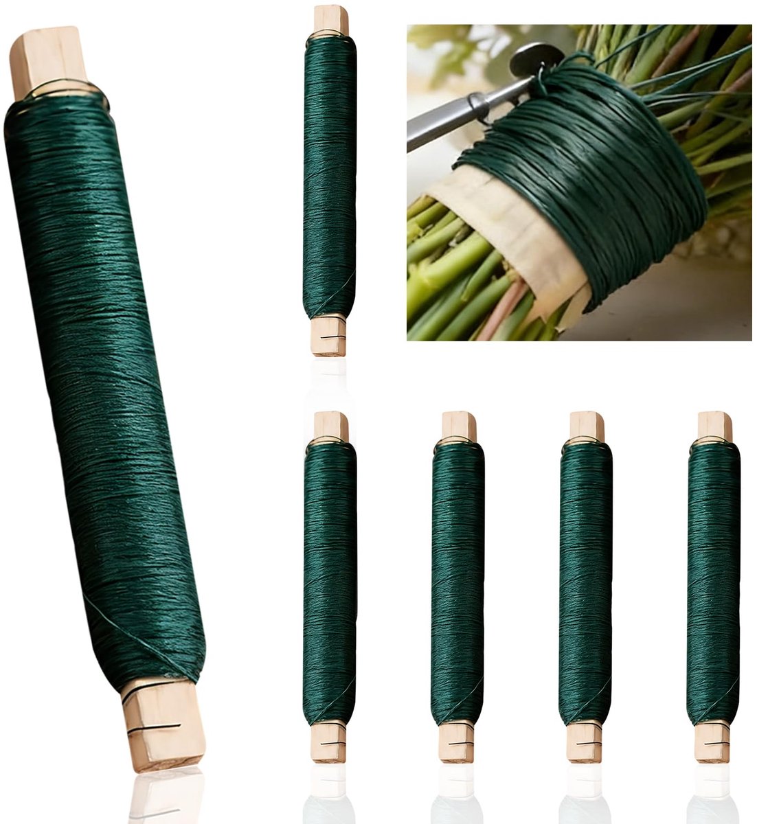 Draad groen set van 6, 0,70 mm x 35 m binddraad op houten spoel, stabiel knutseldraad en wikkeldraad voor het binden van bloemen, planten en tuinieren