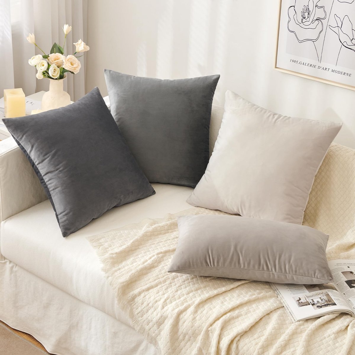 Set van 2 fluwelen kussenslopen voor thuis, effen, decoratieve sierkussenslopen, 18x18 inch 45x45 cm, zachte, vierkante kussenslopen voor bank, slaapkamer, grijs