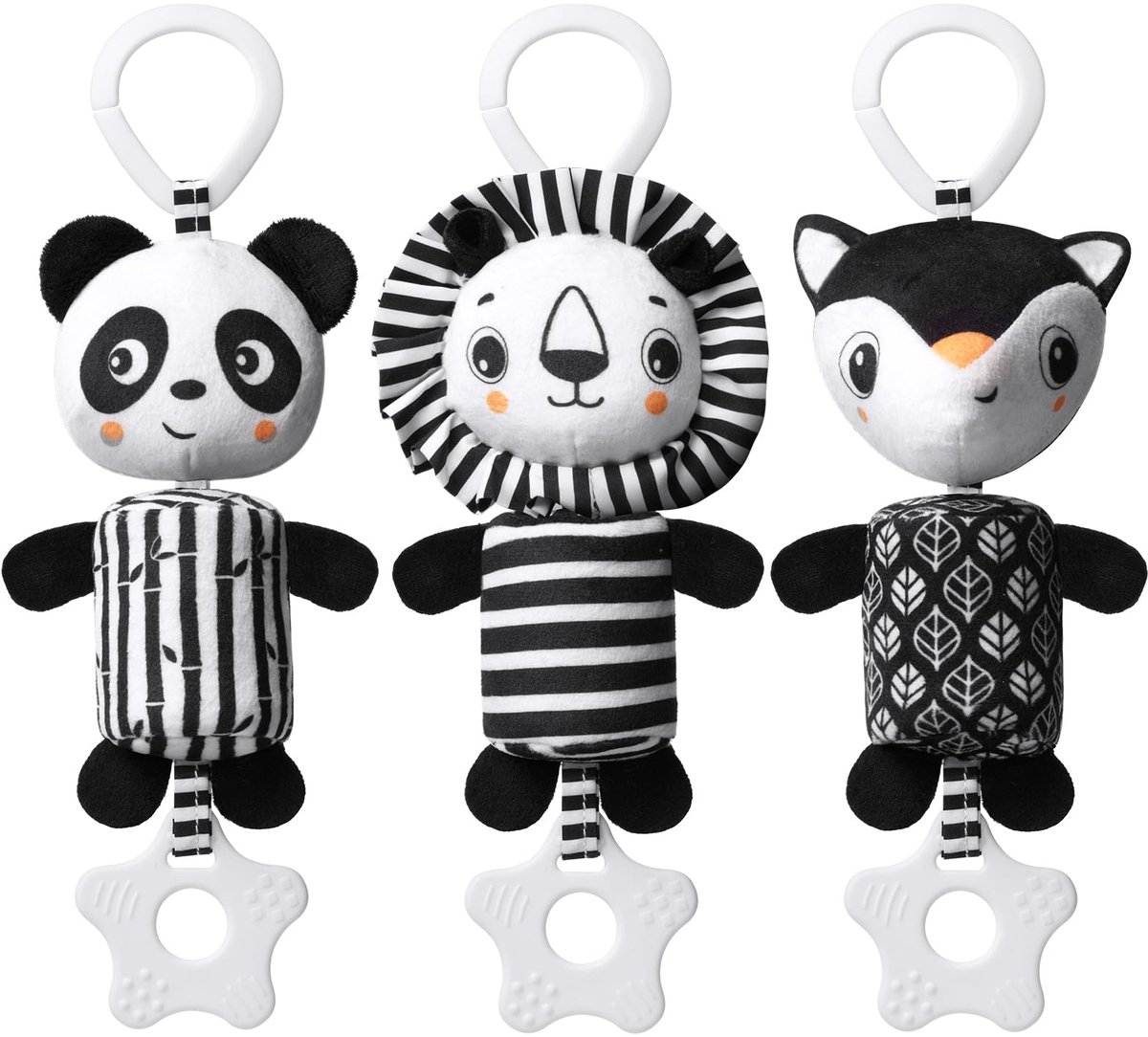 Kinderwagen, Baby-hangend Speelgoed, 3 Stuks Hangend Rammelspeelgoed, Zwart-Wit Speelgoed, Pasgeboren Autostoel Speelgoed Voor Jongens en Meisjes (Panda/Vos/Leeuw)
