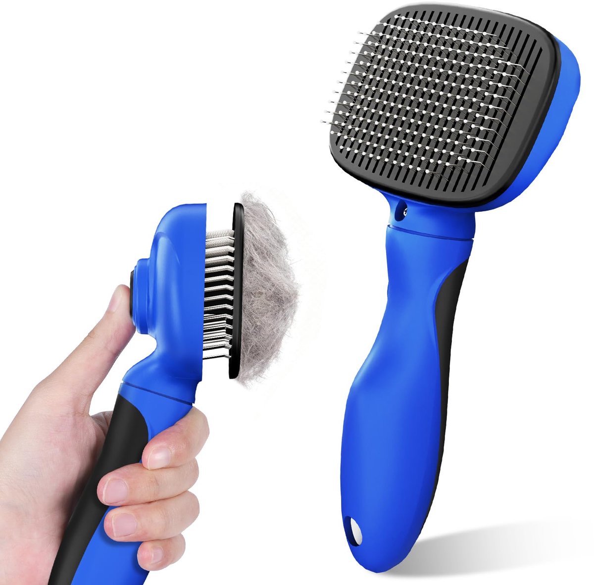 Hondenborstel Kattenborstel – Katten- en Hondenverzorgingsborstel met Zelfreiniging, Ergonomisch Handvat, Borstel voor Klitten en Haaruitval – Blauw-Zwart