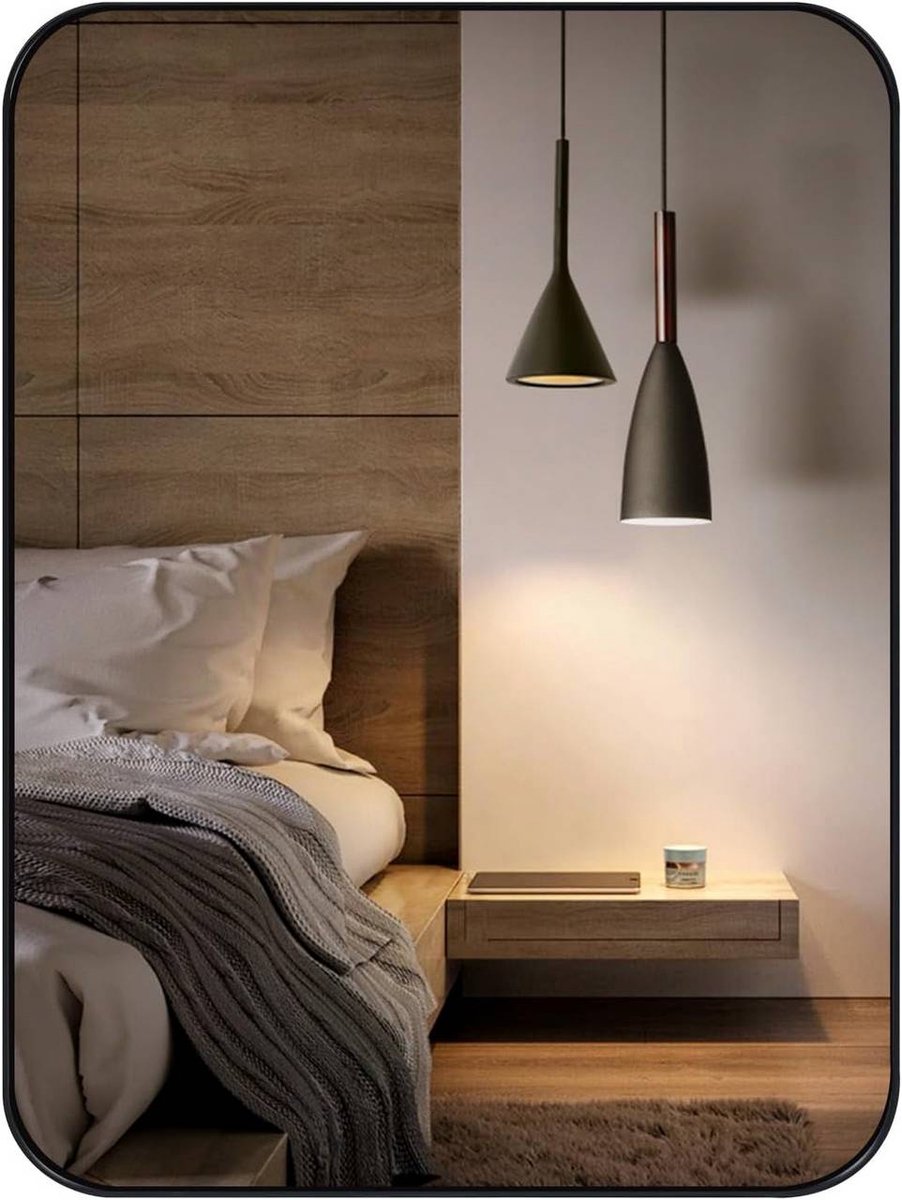 SureDeal® - Wandspiegel - Metalen lijst - Afgeronde hoeken - Rechthoekig - Zwart - 40x30x2 cm