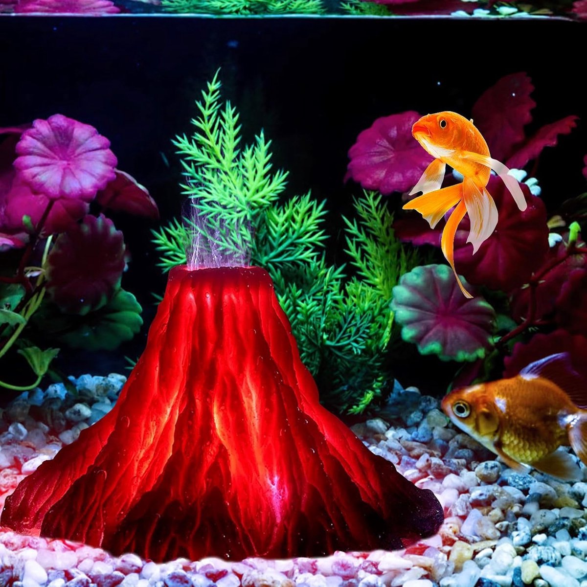 Aquarium Vulkaanornament Kit, LED-verlichting Aquariumdecoratie, Aquariumaccessoires, Kleurrijke LED-lampen met Blaaspomp en Vulkaansteen voor Aquariumdecoratie