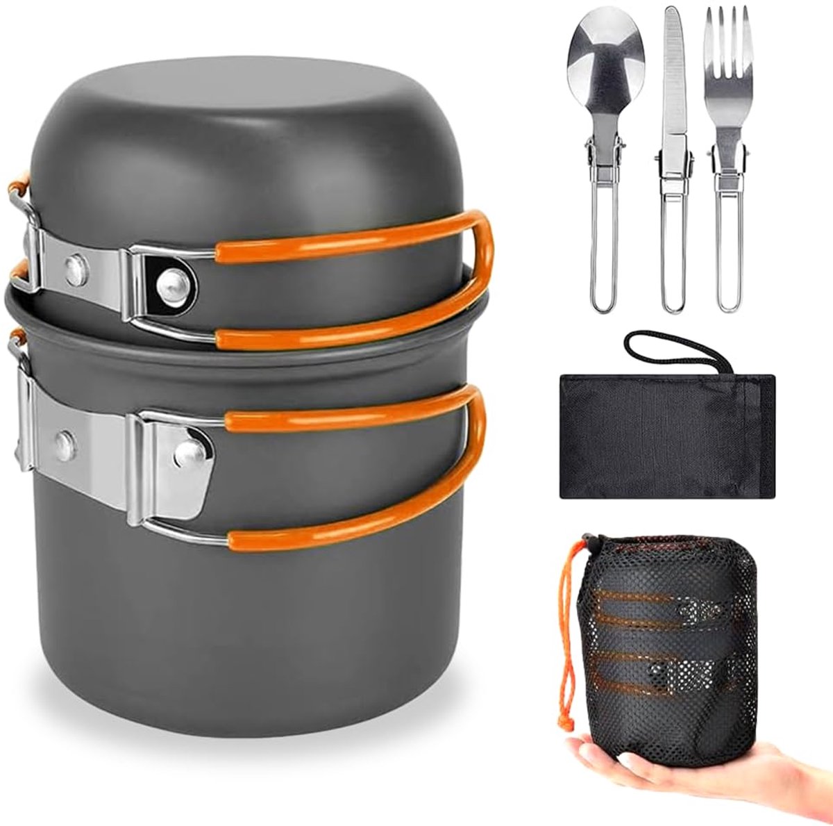 Set, draagbare campingserviesset, ultralicht, camping pot en pannenset, inklapbare handgreep, outdoor pan, grote capaciteit, voor outdoor camping, wandelen en picknick, oranje