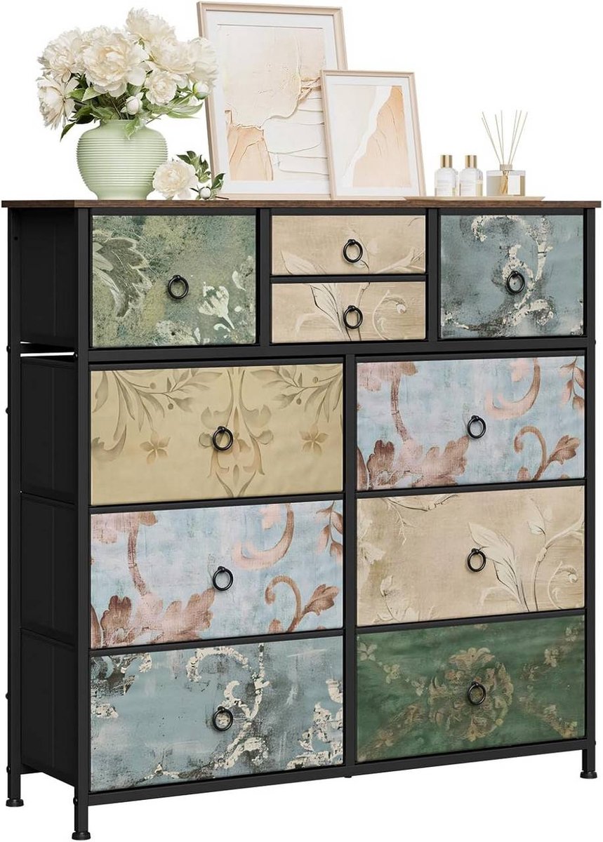 SureDeal® - Ladekast - Stoffen laden - Dressoir - Metalen - Vintage bloemmotief - 100x30x100 cm - Rustiek bruin