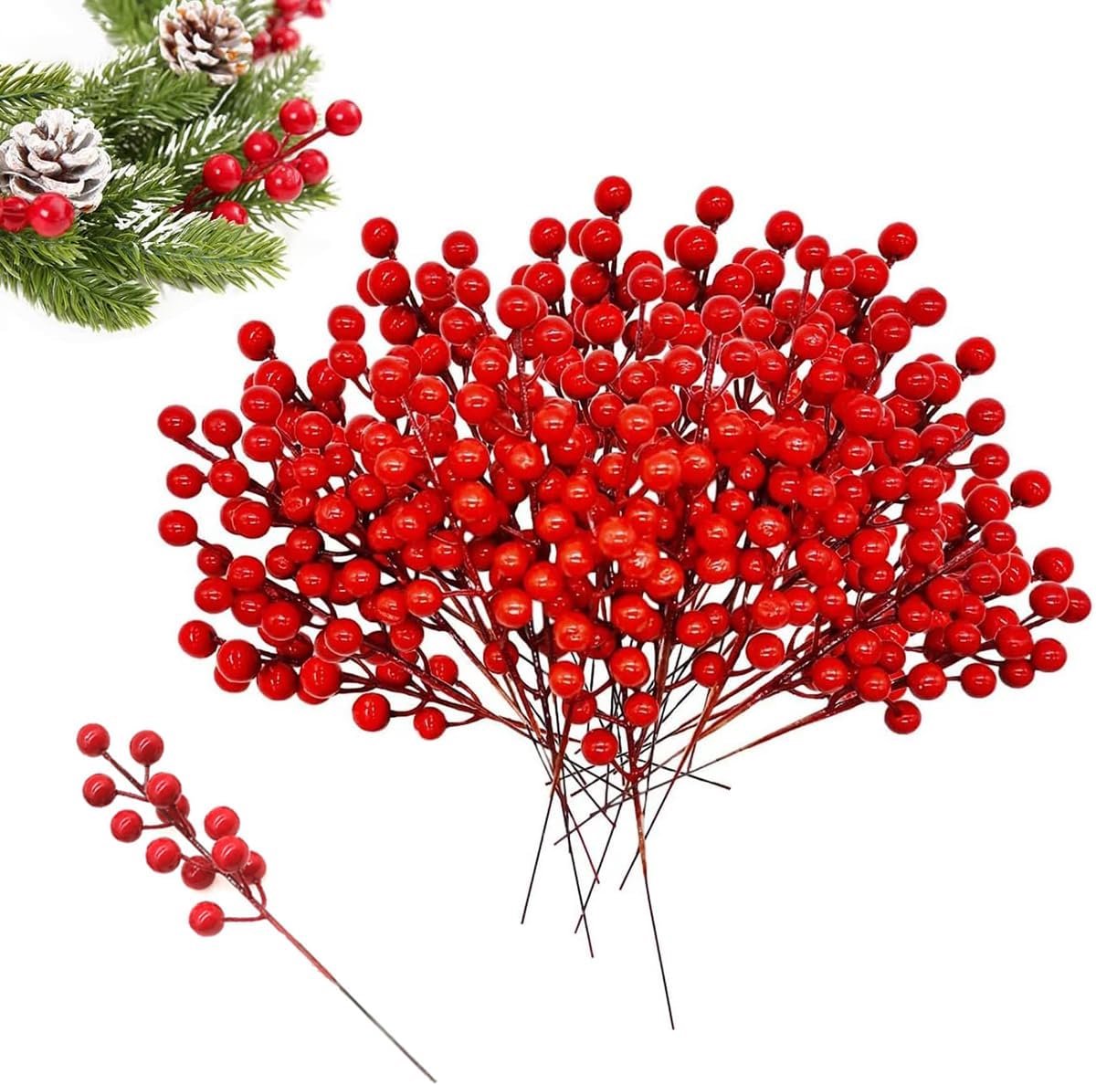 Kunstbessen, 32 stuks, kunstmatige hulstbessen, kunstmatige kerstdecoratie, rode bessen, kunstmatige rode bessen, voor doe-het-zelf decoratie, kerstslinger