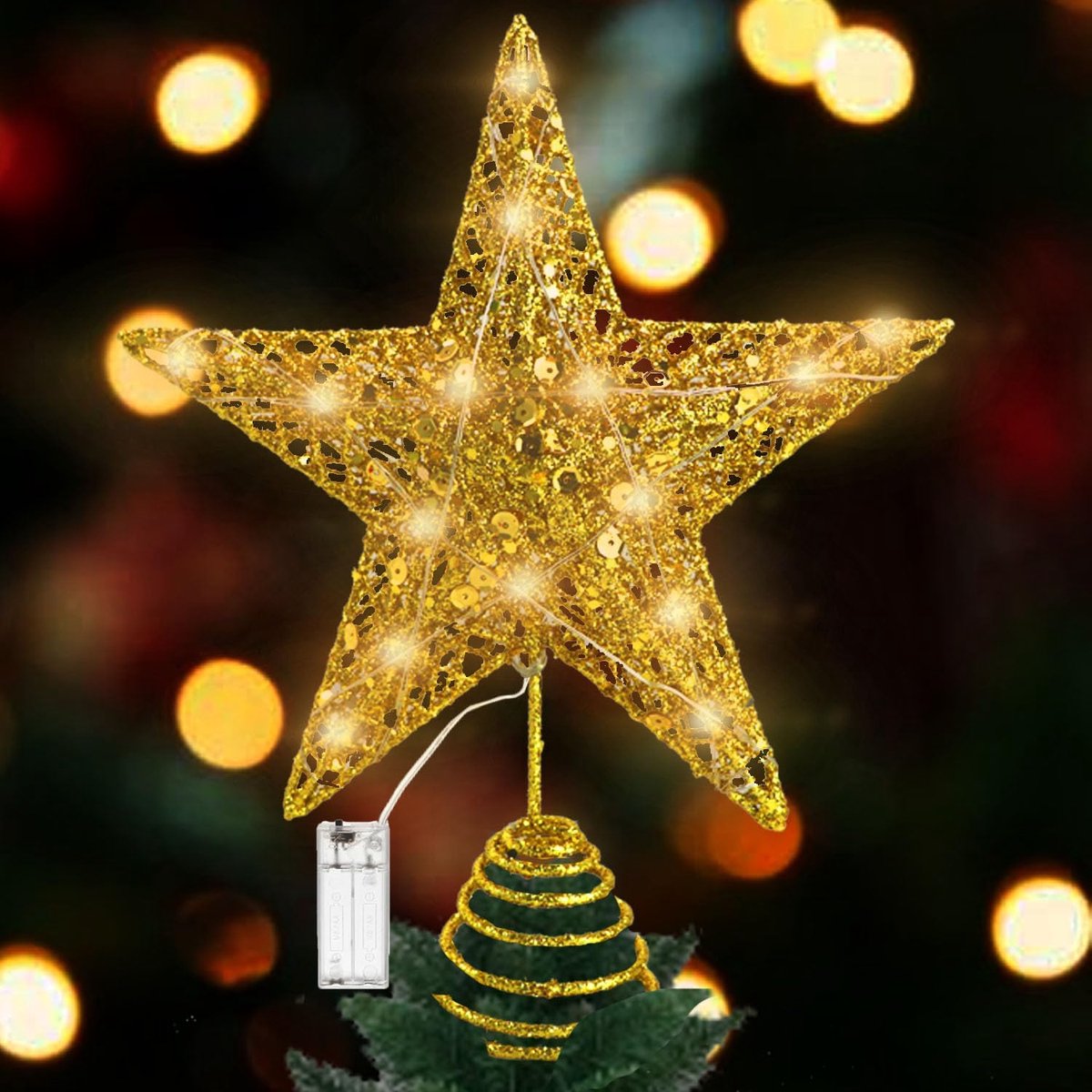 Kerstboompiek met ledverlichting, 20 x 25 x 5,5 cm, ster, kerstboom, voor thuis, decoratie voor de kerstboom, kleur: goud