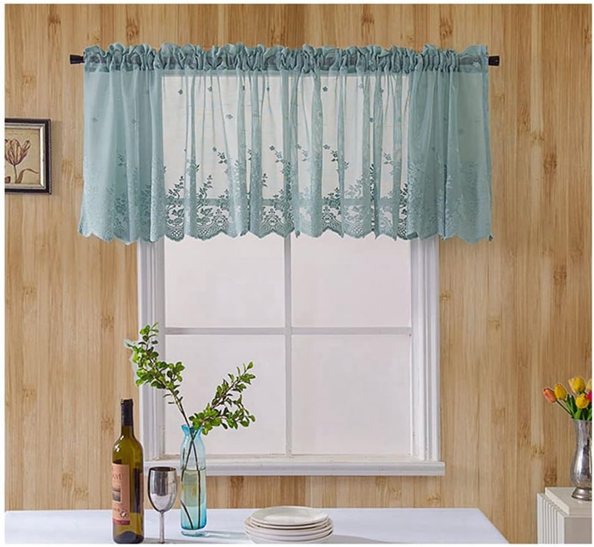 gordijnen 74 x 90 cm vintage koffiegordijn kant borduurwerk kort gordijn semi-transparante gordijnen voile kort gordijn bistrogordijn vitrage voor keuken slaapkamer blauw