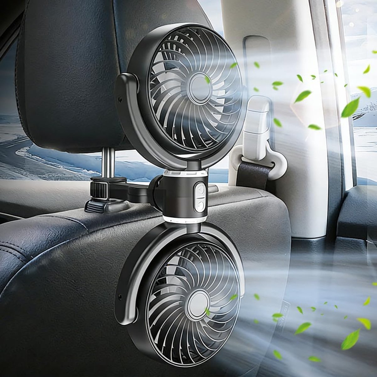autoventilator voor achterbank 12V, 360° autoventilator, dubbele hoofdsteun autoventilator met 3 snelheden, aparte bediening, draagbare ventilatoren, autoventilator voor auto's/SUV's/RV's