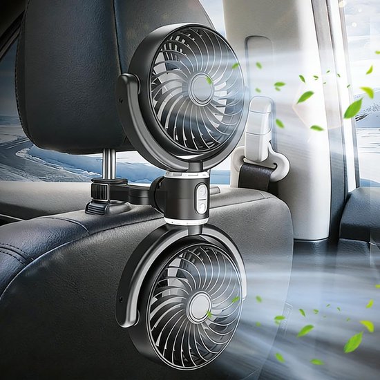 autoventilator voor achterbank 12V, 360° autoventilator, dubbele hoofdsteun autoventilator met 3 snelheden, aparte bediening, draagbare ventilatoren, autoventilator voor auto's/SUV's/RV's