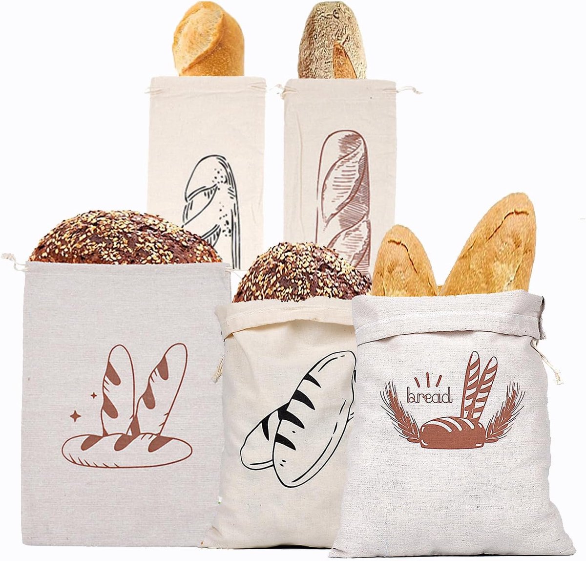 3 stuks natuurlijke linnen broodzakken, herbruikbare broodopbergzakken, broodzak met trekkoord, broodzak, houdt brood vers, voedselopslag, voor brood, groenten en fruit (2 maten)