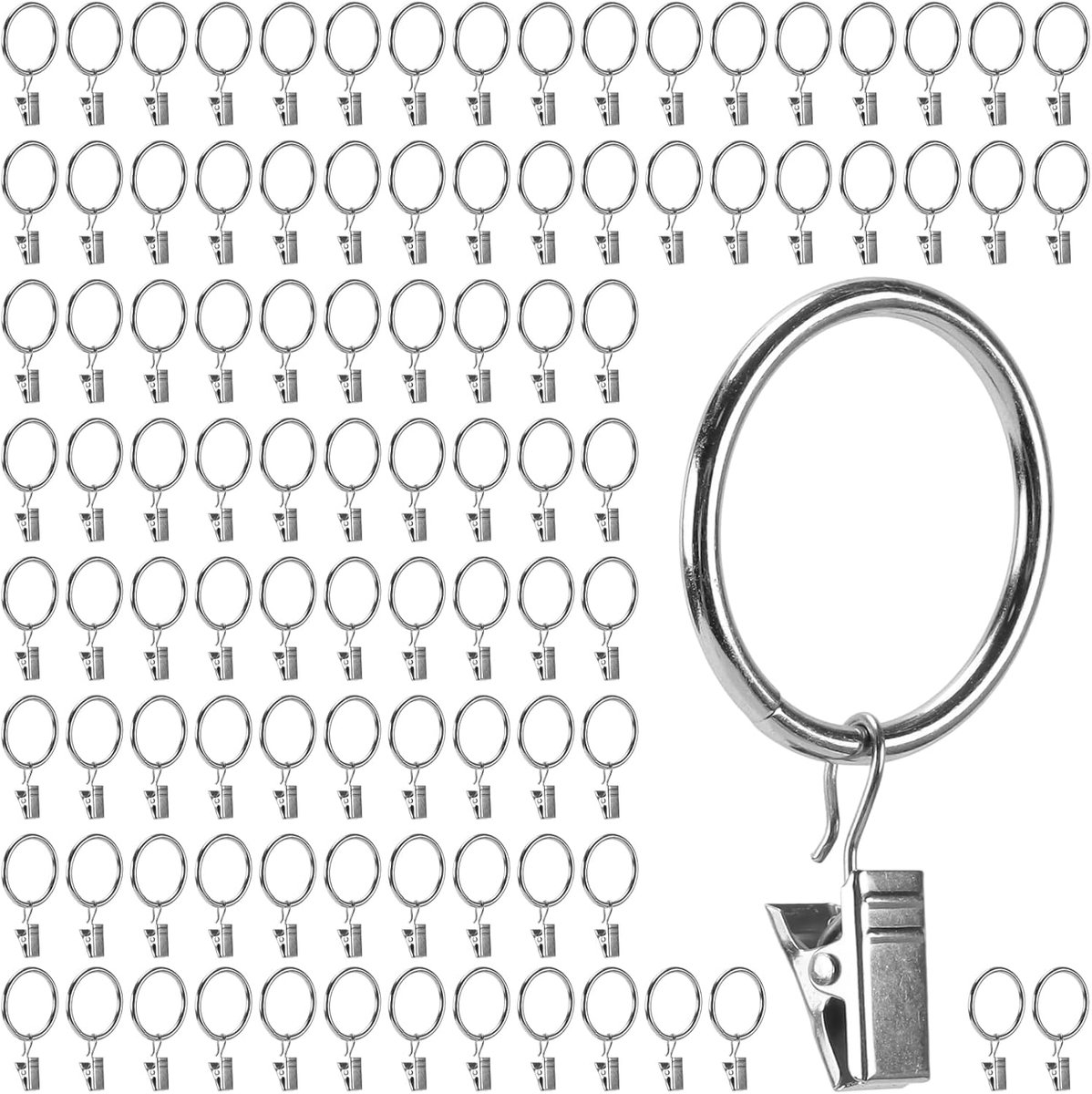100 stuks gordijnringen met clips, 35 mm zilveren gordijnringen met klemmen, metalen gordijnringen voor gordijnen, slaapkamer