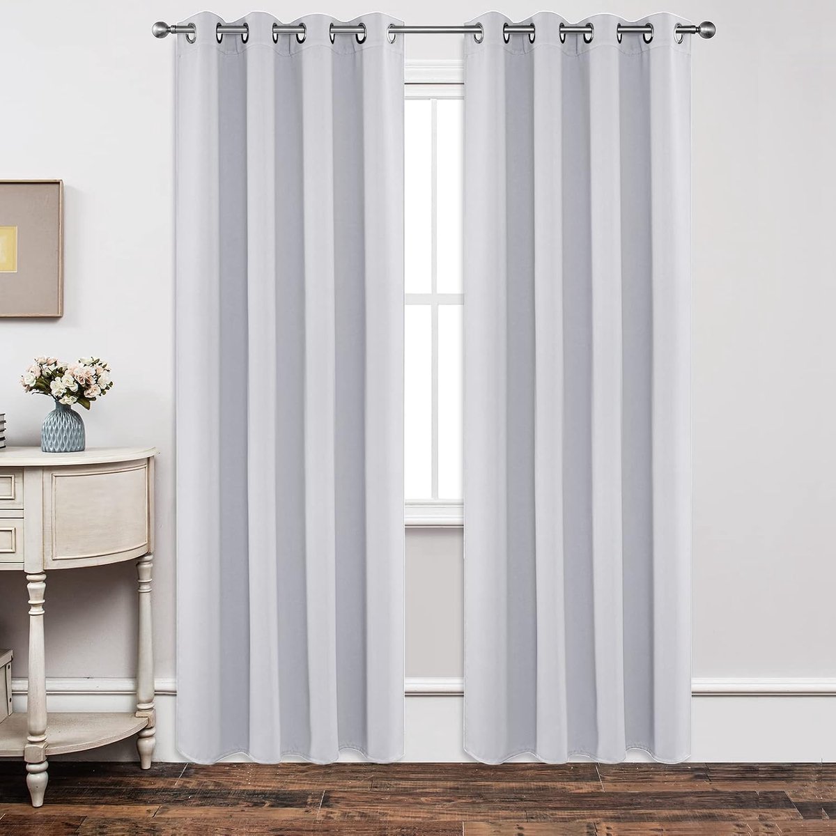 Ondoorzichtige warmte-isolerende verduisteringsgordijnen met ringen, hittebescherming, gordijn voor slaapkamer, woonkamer, 2 stuks (grijs-wit, 2 x 210 x 132 cm (h x b)