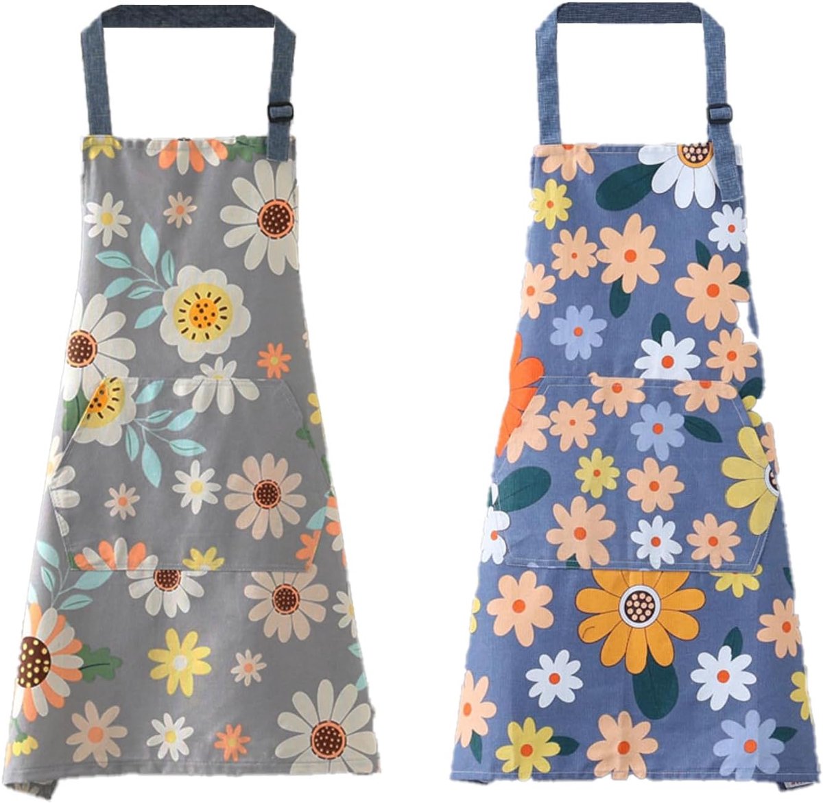 2 stuks schort voor dames, katoen, kookschort voor dames met zakken, barbecueschort met verstelbare nekband, keukenschort voor koken, bakken, schilderen, huishoudelijk werk