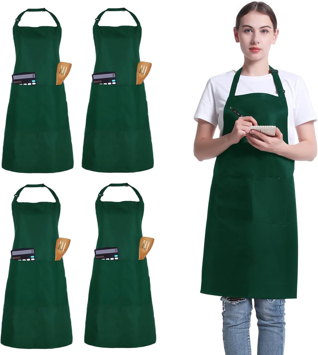 set van 4 stuks, verstelbaar schort met 2 zakken, uniseks, gepersonaliseerd schort voor koken, keuken, restaurant