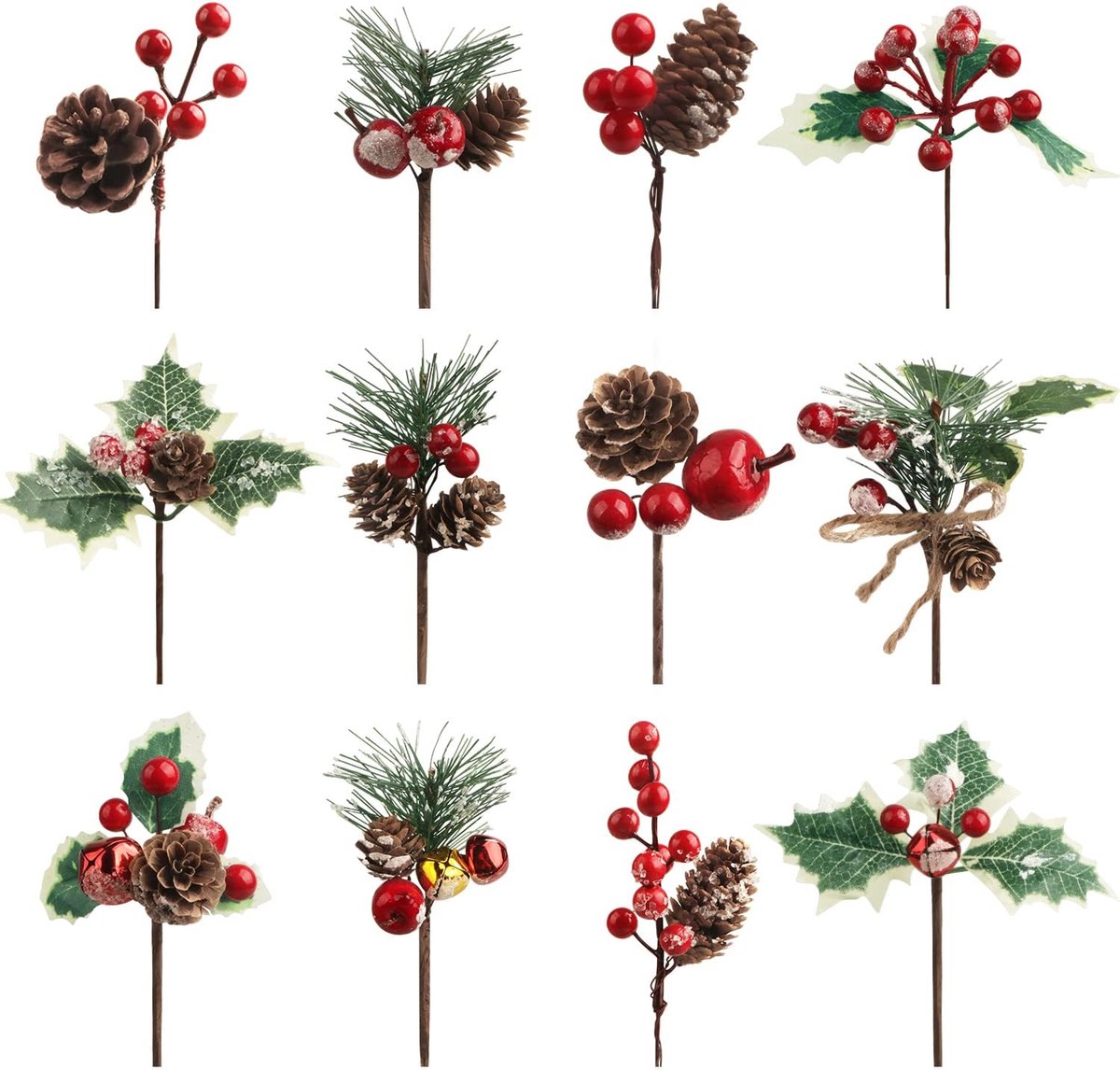 12 stuks kerstbessen decoraties, kerstdennenappels bessen dennentakken set, hulst spray kunstmatige kerstpicks voor knutselwerk cadeauverpakking doe-het-zelf winter bloemen picks boomvullers kransen