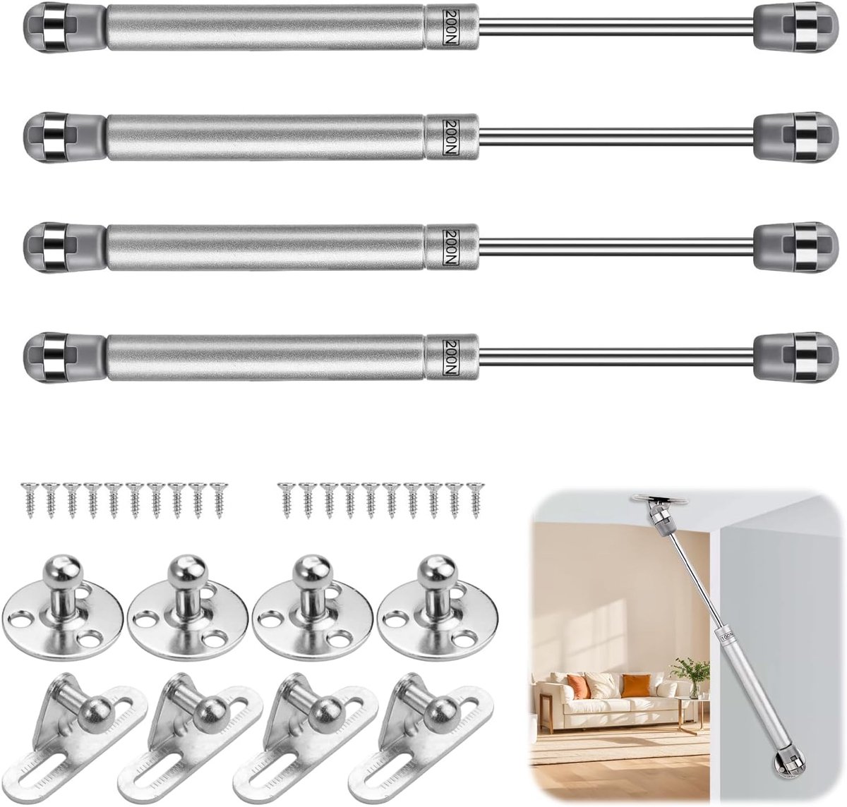 gasveer, 4 stuks, 200 N/20 kg gasveer, klepbeslag | gasdrukdemper, meubelgasveer, gasstrut lift kast, gasdrukveren, voor keukenkast, kastdeur