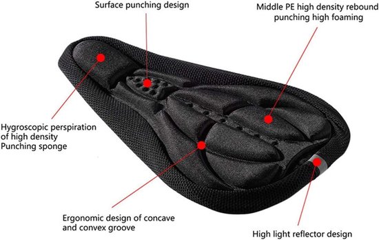 Zwart fietszadelkussen met ergonomisch concave ontwerp, oppervlakteperforatie en reflecterende details.
