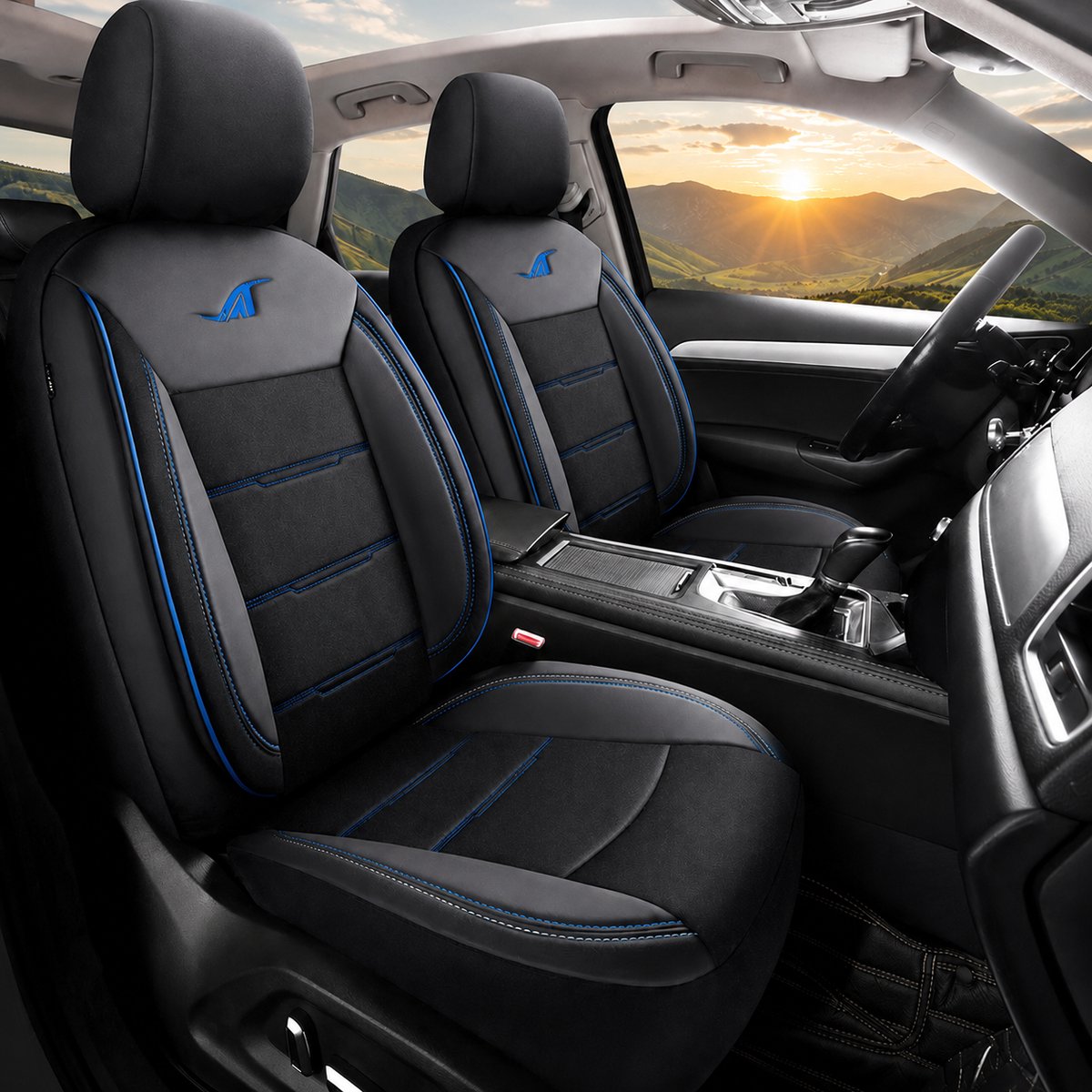 Autostoelhoezen voor Mazda 3 3.Gen. in pasvorm| Set van 2 stuks | Bestuurder + Passagiersstoel AIE Serie | AIE402 | Zwart met blauwe stiknaden