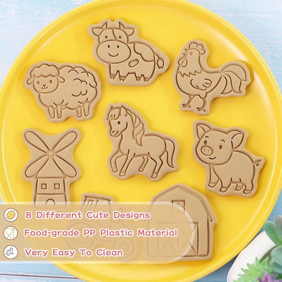 Vorm van Boerderij Thema 3D Uitsteekvormpjes van Plastic voor Fondant, taarten, koekjes, bakken, keuken accessoires, DIY Feestelijke Decoratie 8 Stuks — afbeelding 3