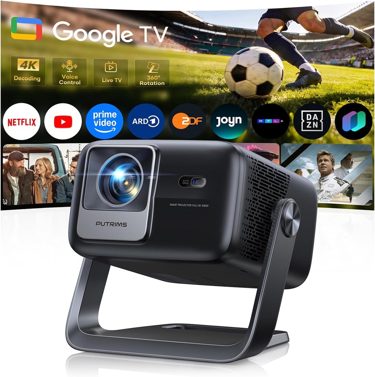 SnelShoppen - Beamer 4K met Google TV, autofocus, 360° draaibare standaard voor thuisbioscoop en buitengebruik, FULL HD 1080P LED-projector met 30W lu
