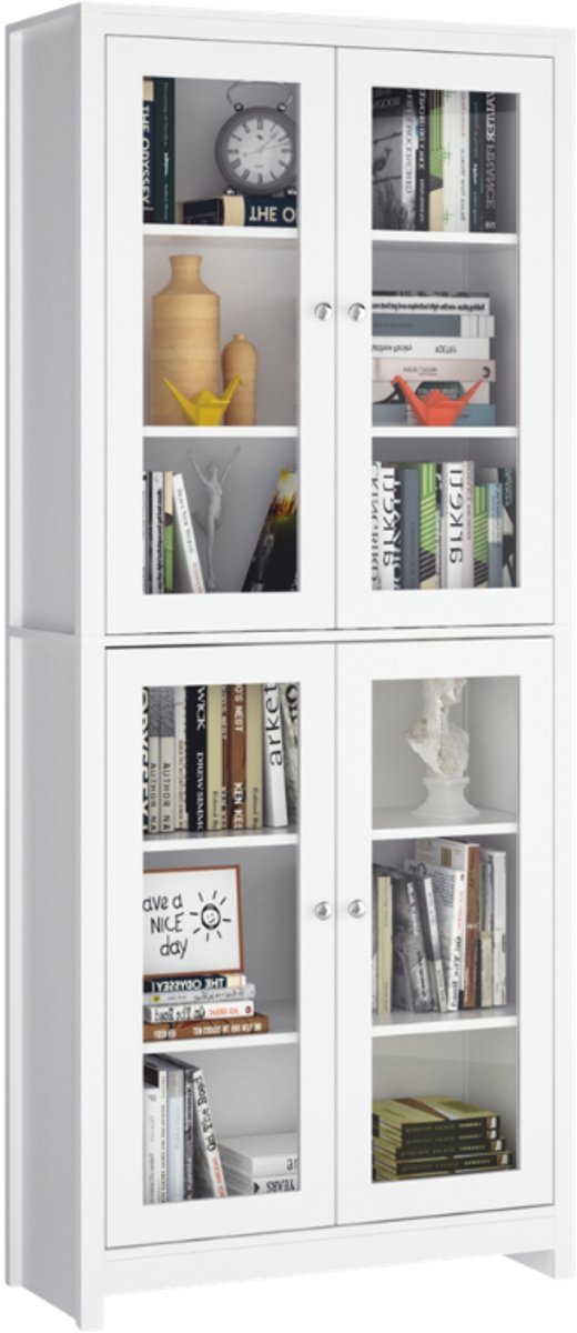 Vitrinekast met Glazen Deuren – Voor Woonkamer of Keuken – Hoge Boekenkast met 4 Deuren – Wit Hout 190 x 80 x 33 cm