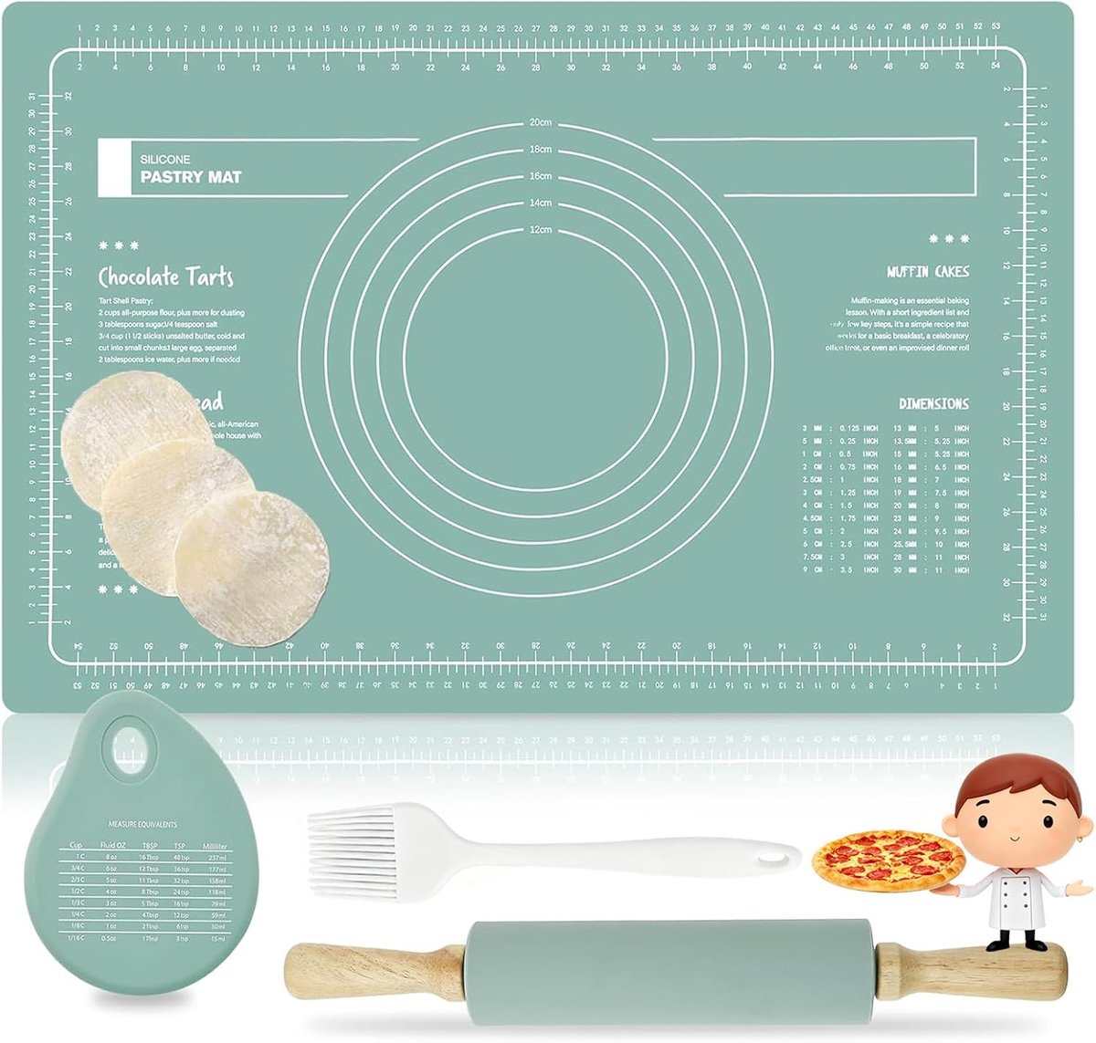 Deegroller met houten handvat - Siliconen deegmat 60 x 40 cm - Extra dikke anti-slip bakmat - SnelShoppen