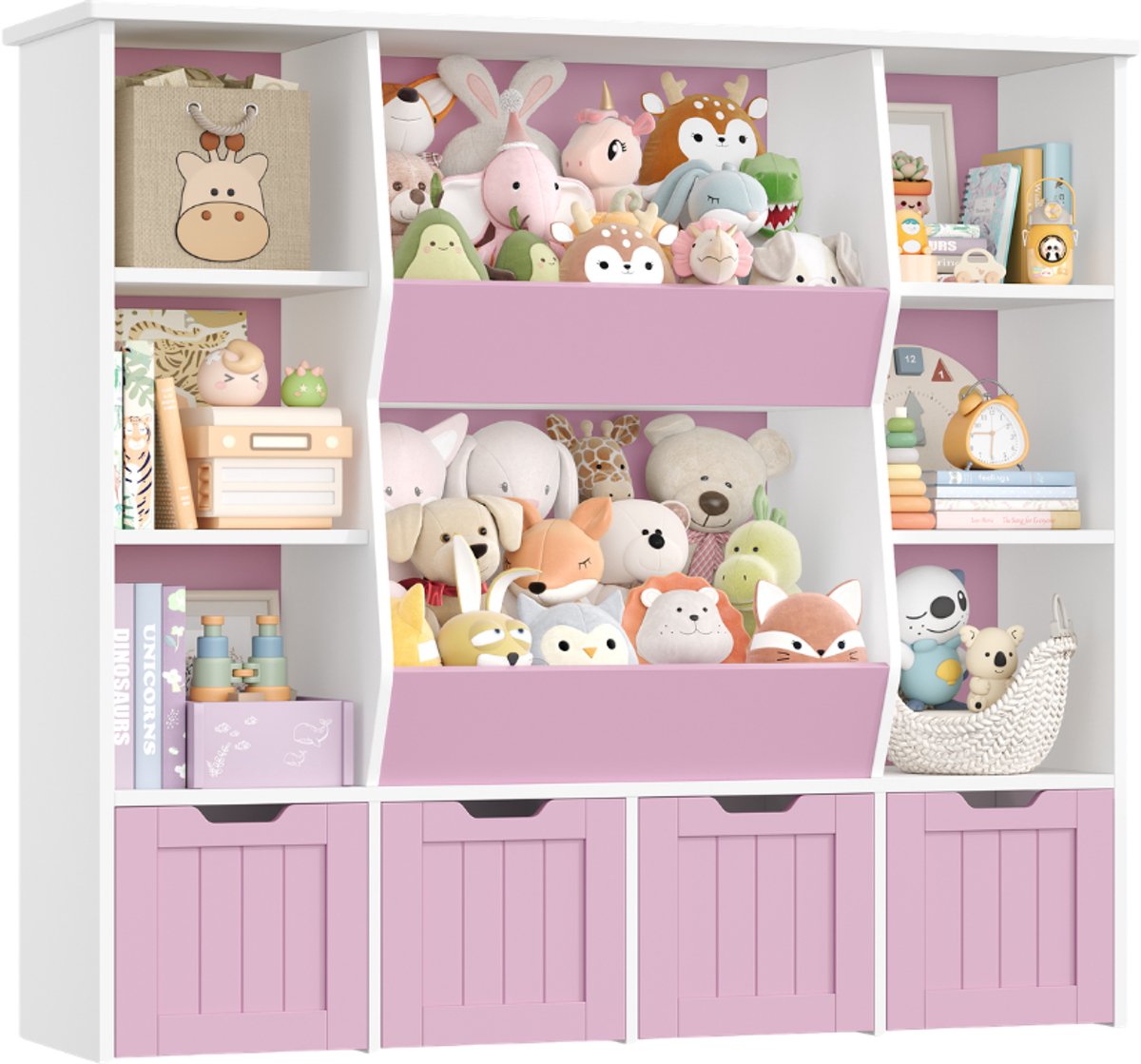 Speelgoedkast – Voor Kinderkamer en Speelkamer – Boekenkast & Opberger met 8 Open Vakken en 4 Laden op Wieltjes – Wit MDF