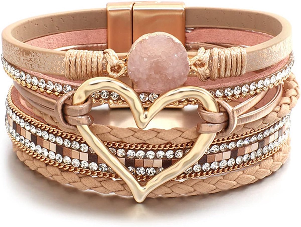 SnelShoppen - Glanzende Hart-Lederen Wikkelarmbanden voor Vrouwen, Stapelbare Boho-Manchetarmbanden met Harsstenen en Strass, Gouden Sieraden voor Fee