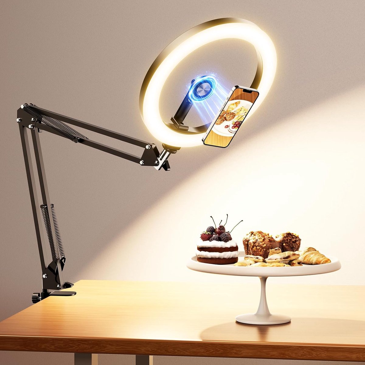 SnelShoppen - Evershop Ringlicht met Statief, Magnetisch en Flexibel, LED Ringlamp met Telefoonhouder en Afstandsbediening voor Video's en Foto's - Id