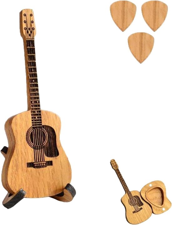 Houten Plectrum Doos - Gitaar Plectrumhouder - Muziek Opbergen - Met Standaard - Voor 3 Plectrums - Houtkleur